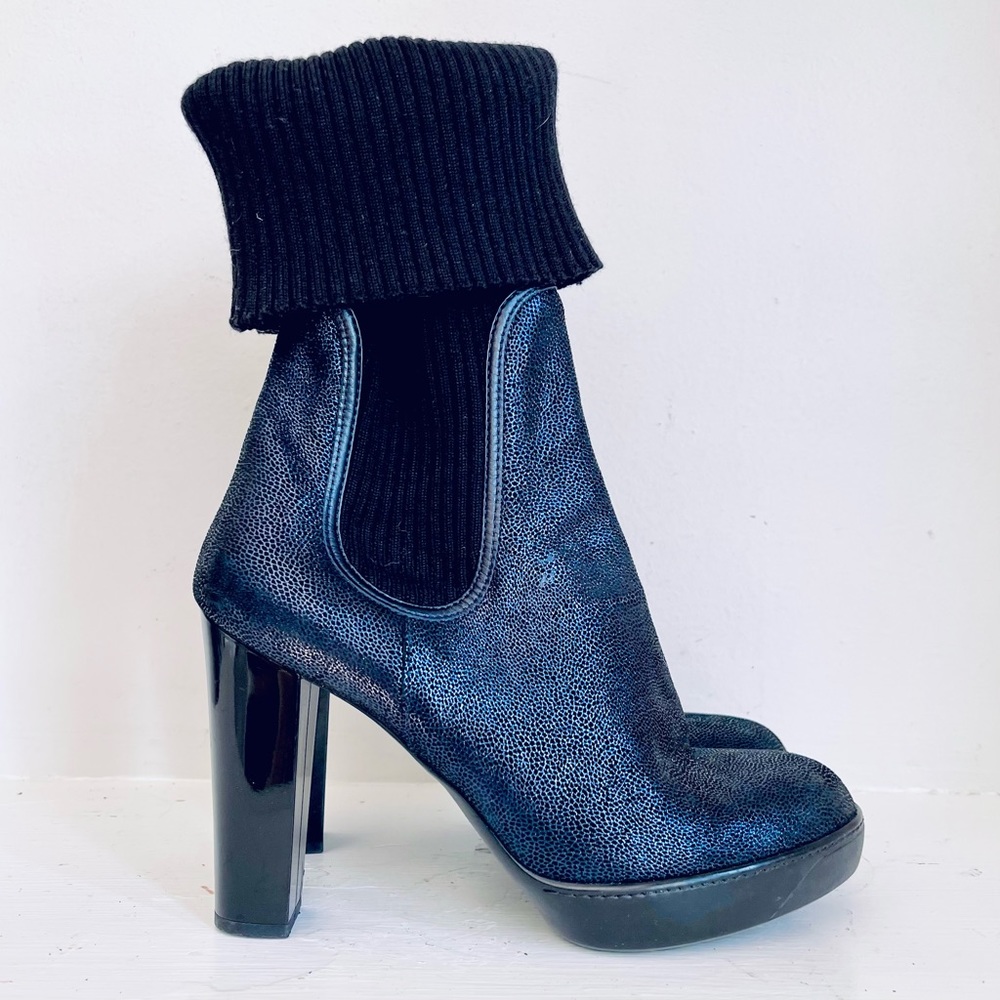 Hogan Platform High Heel Leather Sock Boot In Blue And Black Metallic Size 38